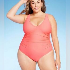 Kona Sol Women's Plus Size V-Neck Over The Shoulder High Leg One Piece Swimsuit